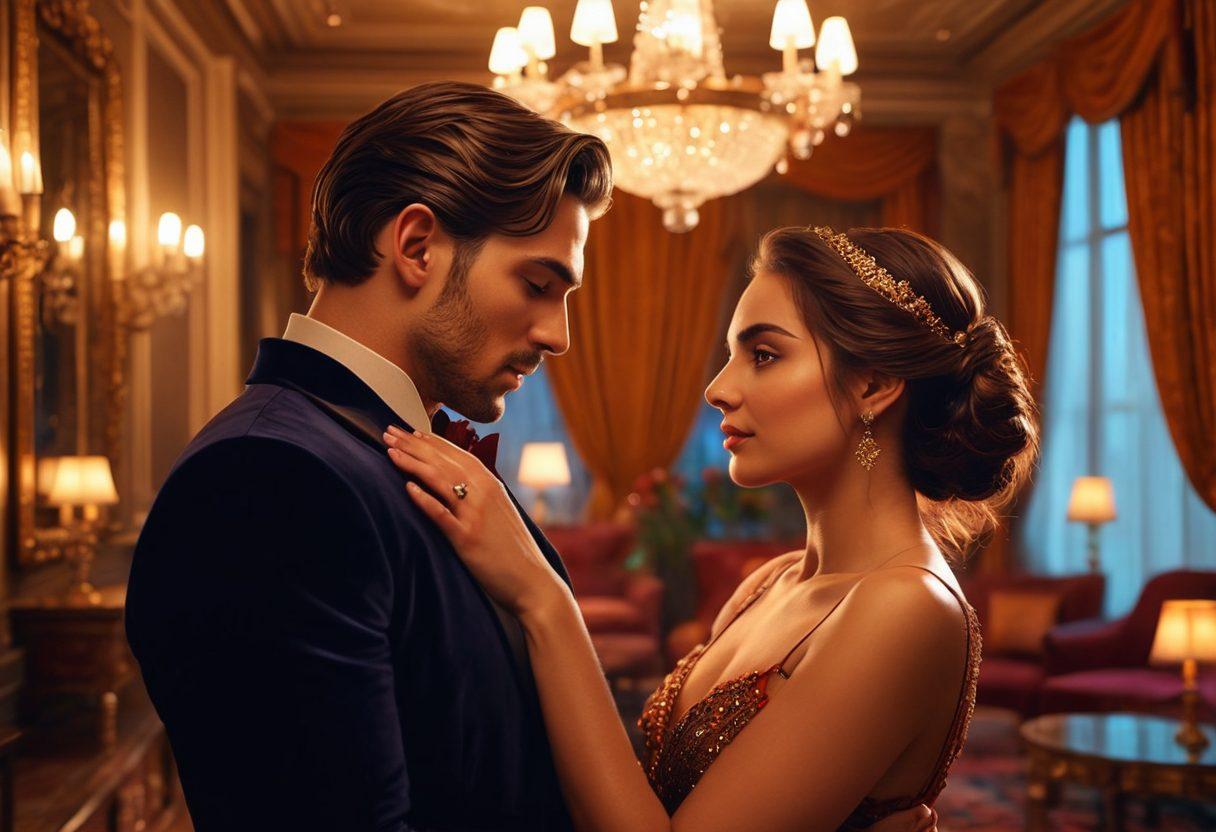 A loving couple sharing an intimate moment in a cozy, elegantly decorated room with warm, dim lighting; hints of luxury with soft fabrics and delicate accents. Their eyes locked, full of passion, subtly capturing their deep emotional connection. super-realistic. vibrant colors. romantic ambiance.