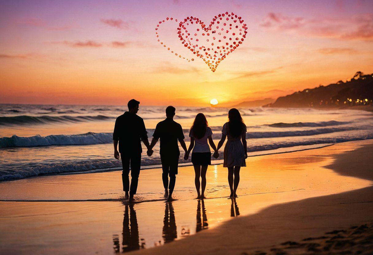 A passionate couple sharing a romantic moment at a sunset beach, holding hands and gazing into each other's eyes. Surrounding them are subtle, heart-shaped bokeh lights to symbolize love. Include elements like soft waves and a golden sky to enhance the warm, intimate atmosphere. super-realistic. vibrant colors.