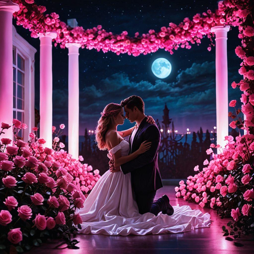 A couple sharing an intimate moment under the moonlight, with silhouetted figures softly embracing; a background portraying both romantic elements like roses and candles, and erotic symbols like hot pink neon lights and lingerie. Incorporate a serene, dreamy atmosphere with subtle lustful undertones. super-realistic. vibrant colors. moody lighting.